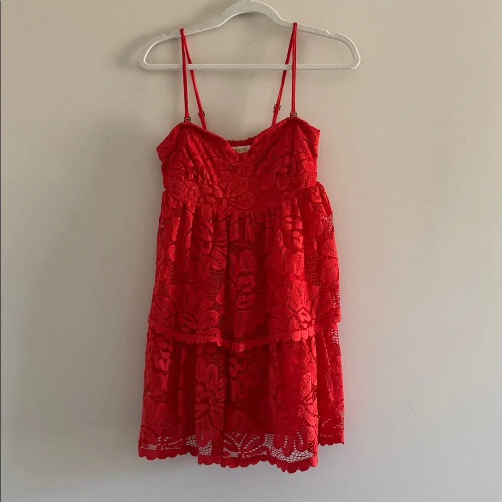 NWT Maeve Anthropologie Strapless Red Lace Tiered Mini Dress Size Small - Picture 8 of 15